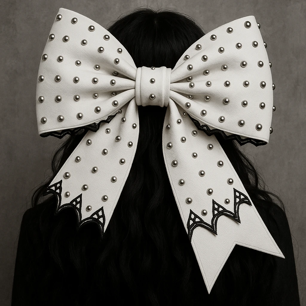 Edit the image to depict a white gothic bow oversized with silver studs in a general style. emoji