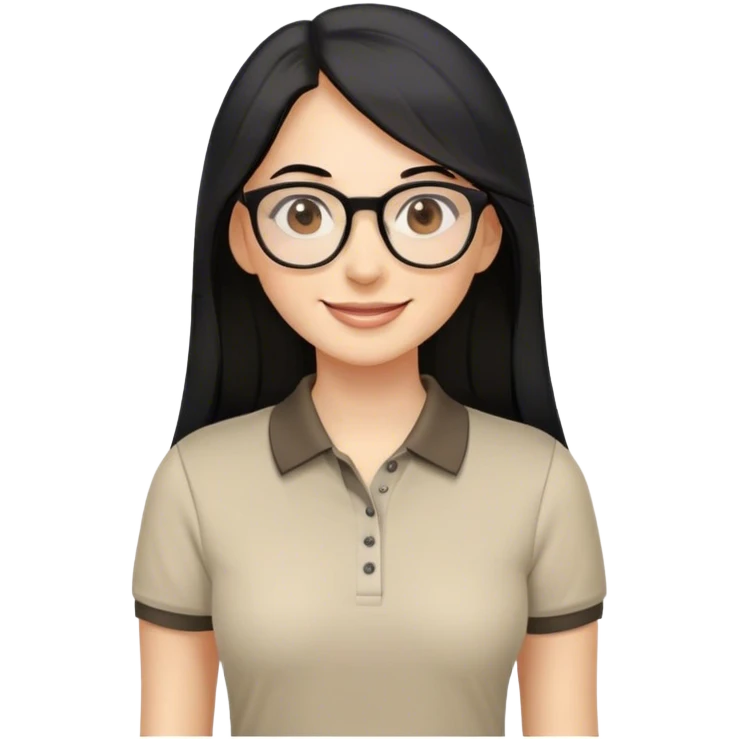 female teacher, long black hair with some grey, wearing round eyeglasses. Brown eyes. Wearing a polo shirt. Smiling emoji