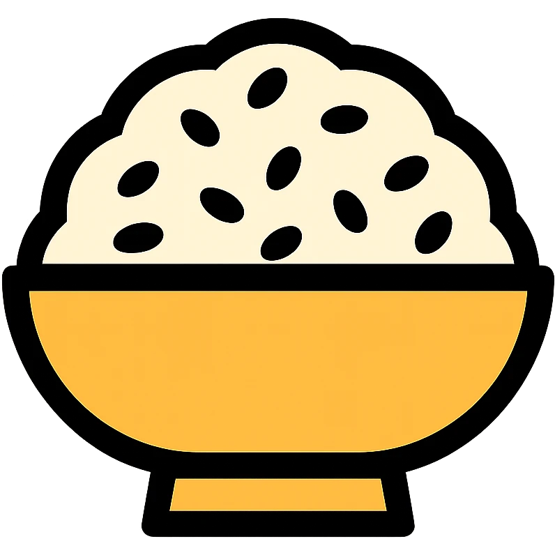 A dish of rice topped with black sesame seeds emoji