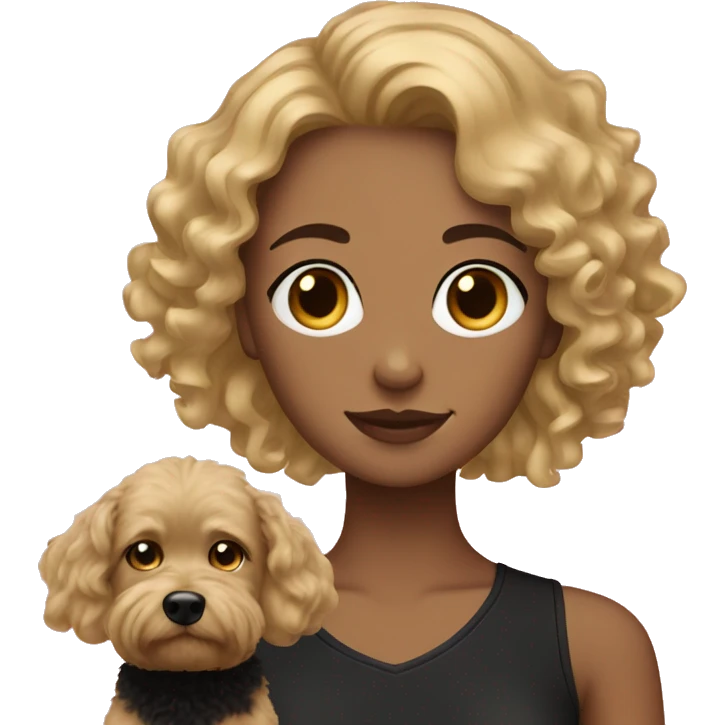 Curly blonde medium hair girl with a black short dog emoji