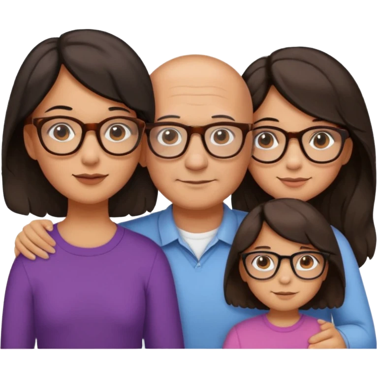 Papà calvo con occhiali, mamma capelli neri occhi marroni no occhiali, figlia capelli marroni mossi e occhiali tartarugati con montatura spessa occhi marroni, figlia capelli lisci marroni occhiali neri con montatura grande e fina occhi marroni  emoji
