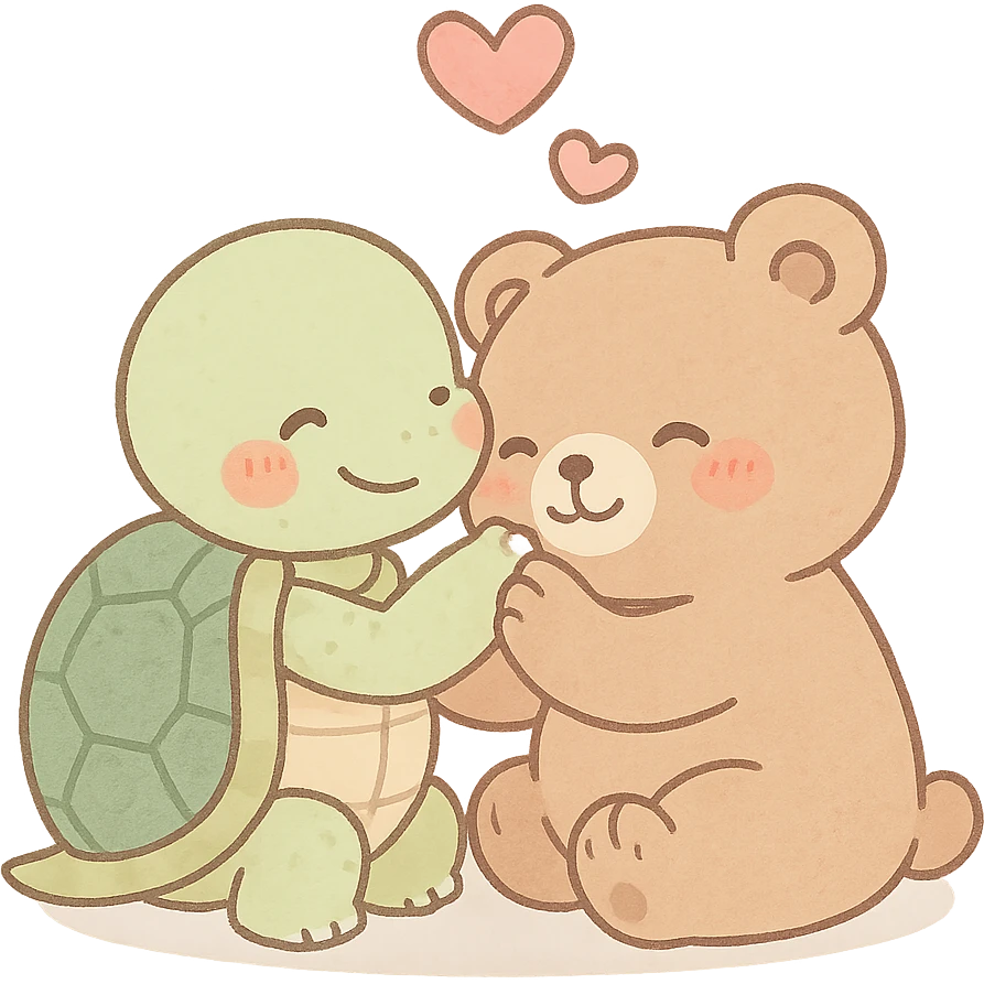 cute anime turtle and bear showing love, cute style, detailed, soft colors emoji