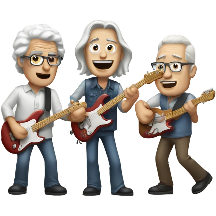 Three older white musicians jamming. one on guitar, one on a Fender bass and one on cowbell emoji