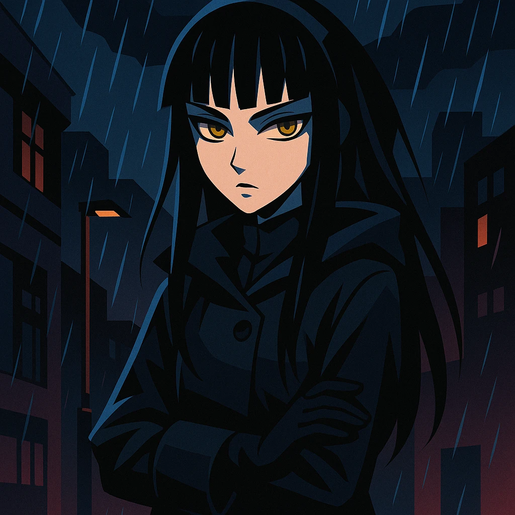 gothic shoujo anime girl named EchoMoon, long black hair, sharp bangs, pale skin, amber green eyes, cold expression, dark raincoat, gloves, standing in rainy urban setting, dramatic lighting, ultra-detailed, moody, dark palette emoji