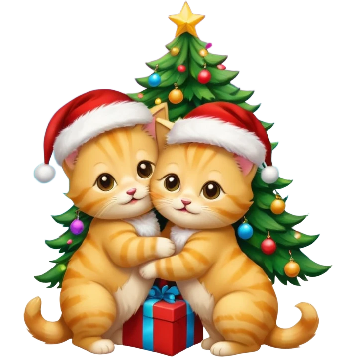 2 hazel eyed cute hugging happy fluffy gold kittens with Santa hats by a colorful multicolored brightly lit up Christmas trees emoji