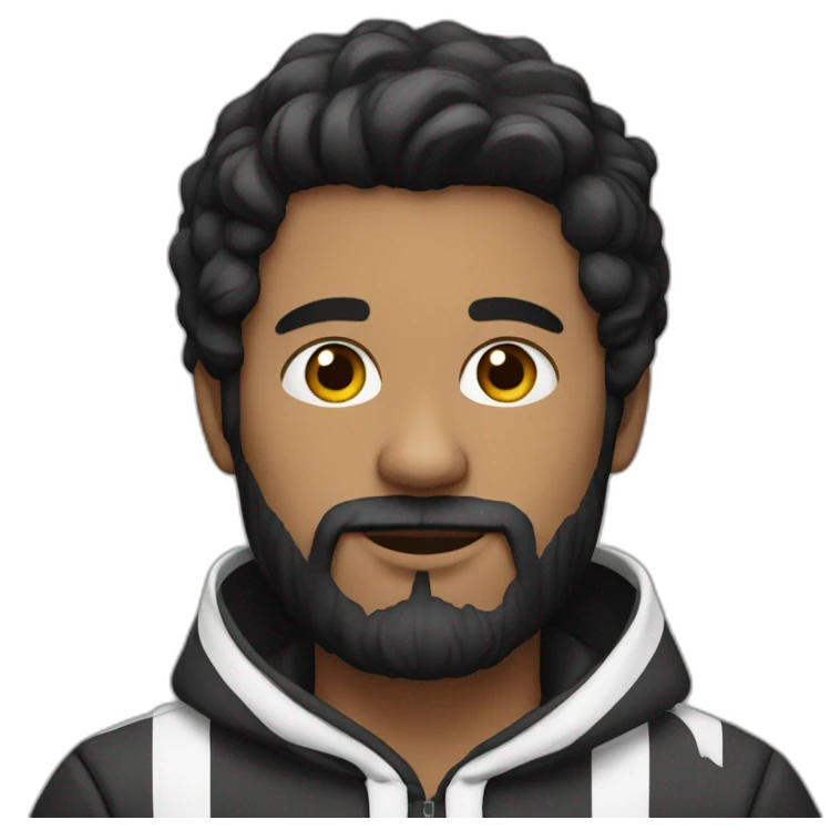 Man with dark hair and beard, black and white striped hoodie emoji