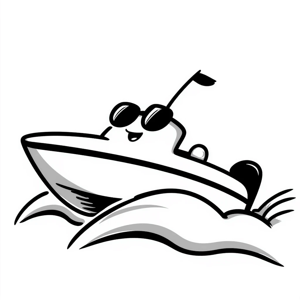 A hand-drawn speedboat with sunglasses and a cool grinning face emoji