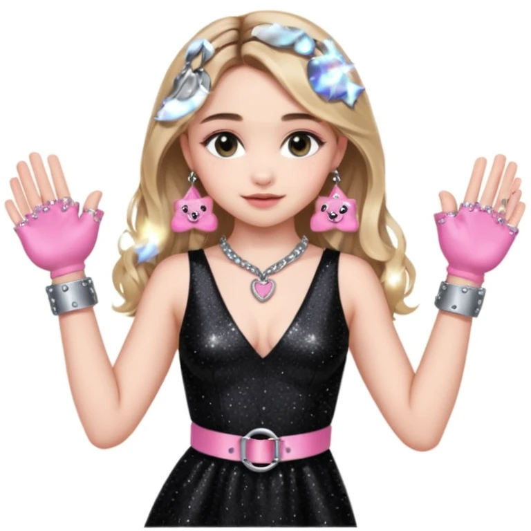 Sabrina carpenter at concert wearing a black sparkly dress with a silver sparkle v neck she is holding up pink handcuffs towards audience and kneeling, blue and red lights setting  emoji