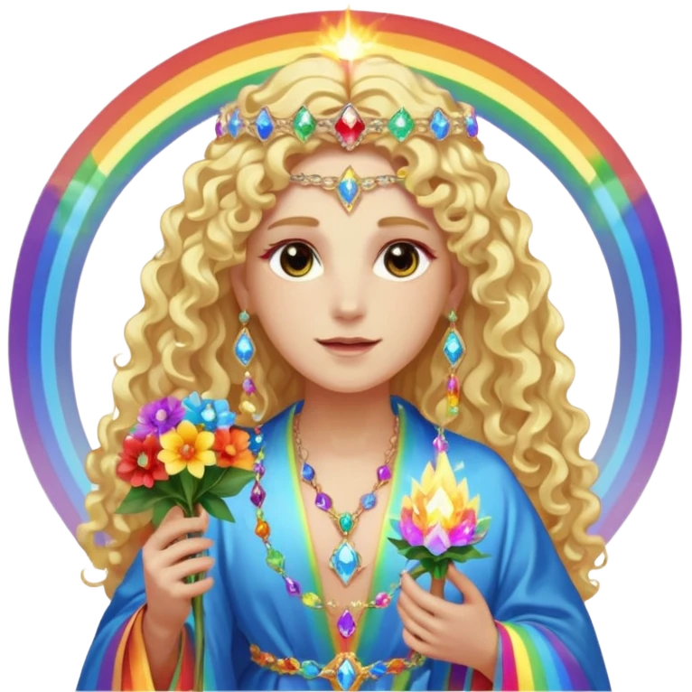 a being made of light pleidian nordic long faces and curly huge thick blond hair but beautiful features of light wearing jewels and a rainbow halo like a saint arount her a robe on made of light and gem  transparent belly dancer and who is lanky holding a bouquet of crystal flowers on rainbow fire emoji