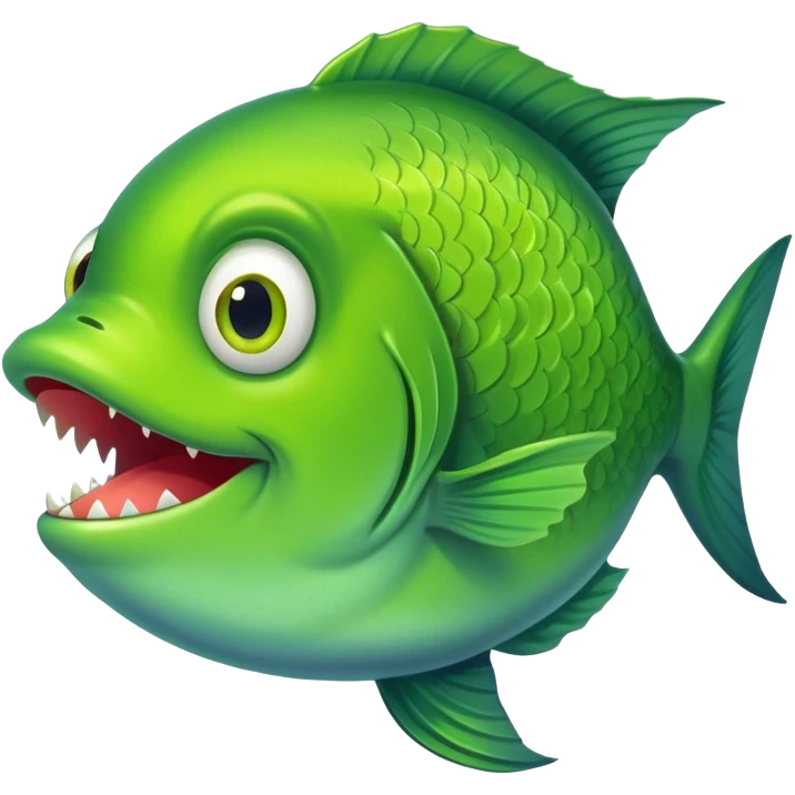 super derpy bright green fish shown from side profile facing right, but with both bulging eyes comically looking at viewer, buck teeth, drooling mouth, flat 2D side view only emoji