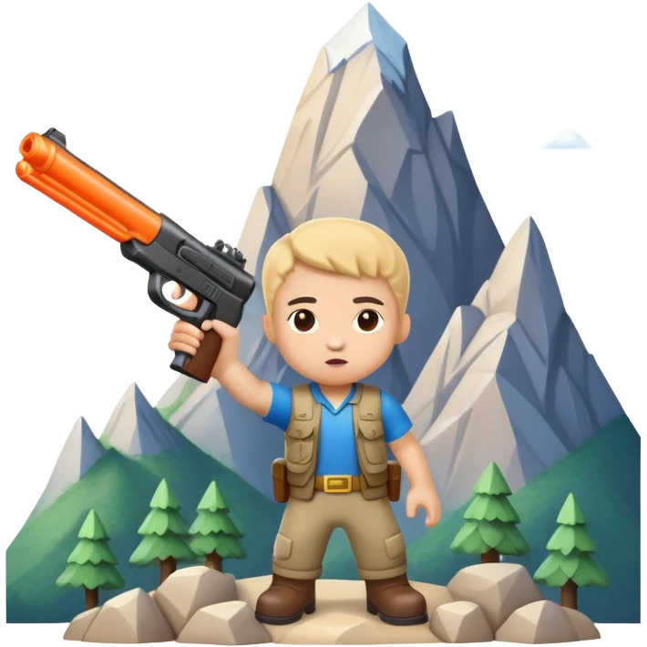 Little character holding a toy gun aiming at a mountain with tiny figures on it emoji