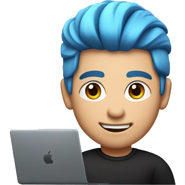 memoji of a man with a laptop in front, apple-style, modern, blue hair, black sweater, computer in hand, sites on a desk emoji