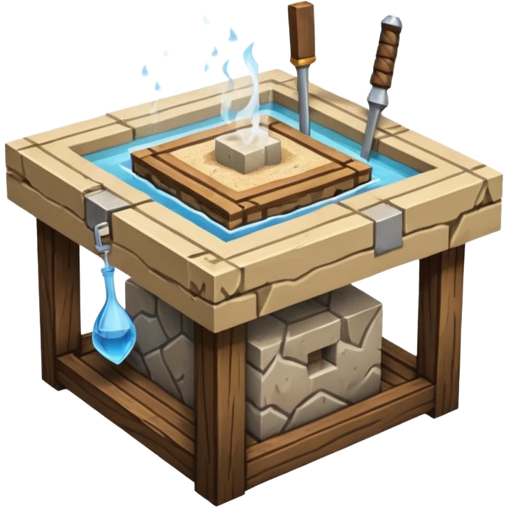 crafting table with tools, stone, wood, glass, sand, steam, water... like a minecraft style cube crafting table 100% like a minecraft table crafting, with on the right, left, a glass showing crafting merging between stone and wood emoji
