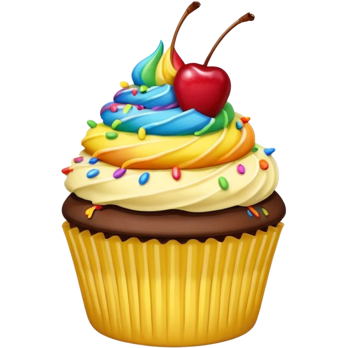 Vanilla cupcake with yellow frosting, chocolate  drizzle, rainbow sprinkles & a cherry on top  emoji
