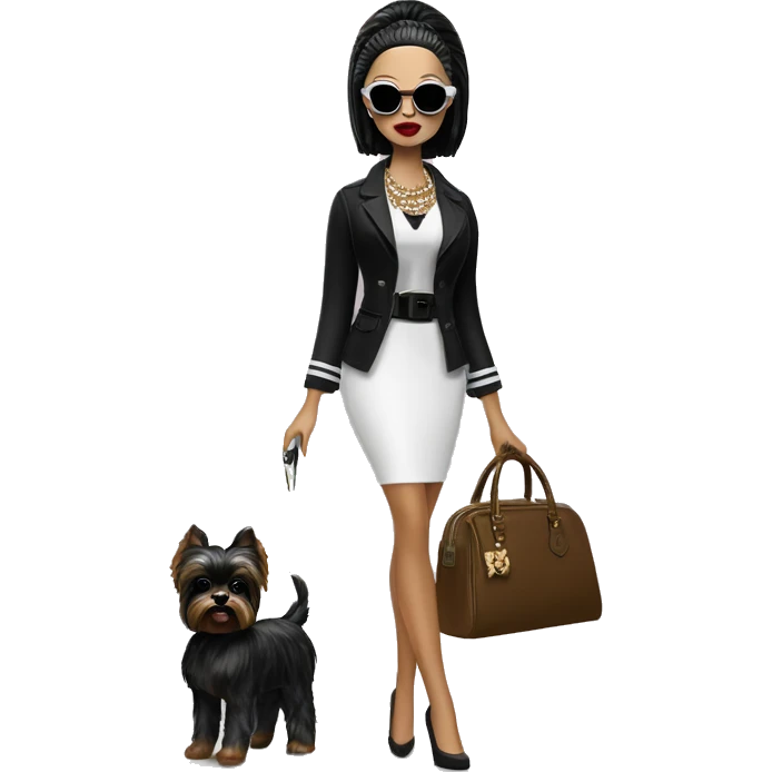 Palm beach Honey Barbie Wednesday Addams ,white face, full body visible, hair done,handbag, small 2 piece, sunglasses,heels,holding yorkie dog  emoji