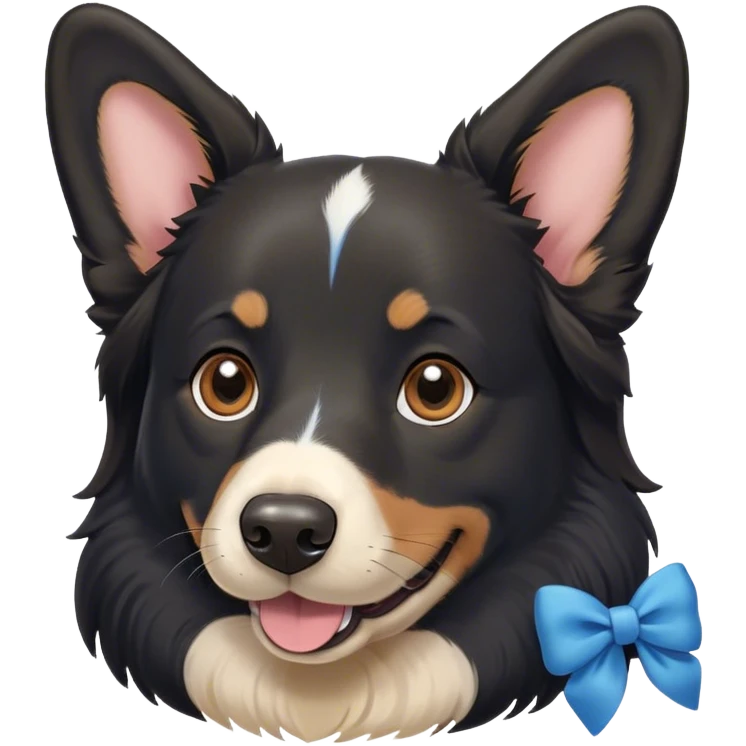 Black, flat-coated retriever, smooth fur with subtly fluffy ears, smiling face, blue bow around the neck, brown eyes. Corgi face behind black dog emoji