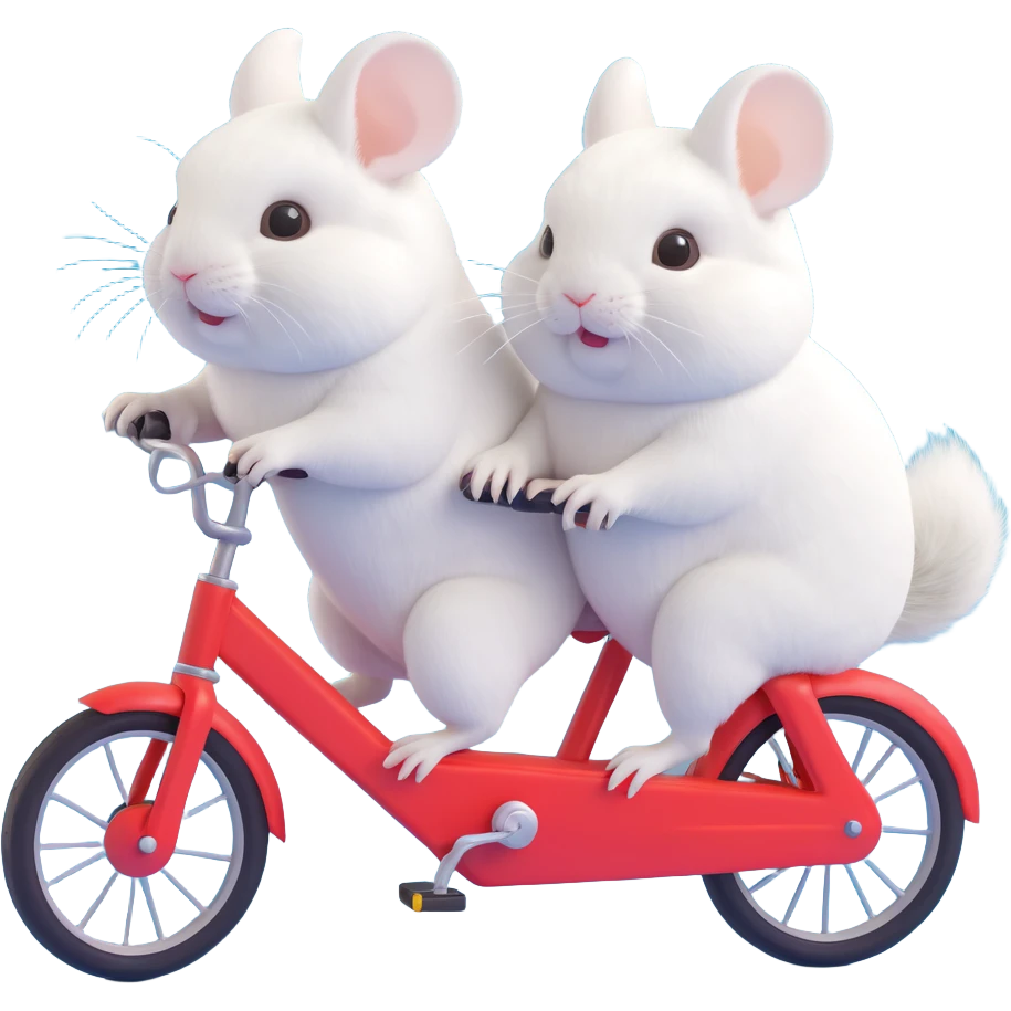 adorable white chinchilla pair on a two-seater bike, fluffy texture, whimsical emoji
