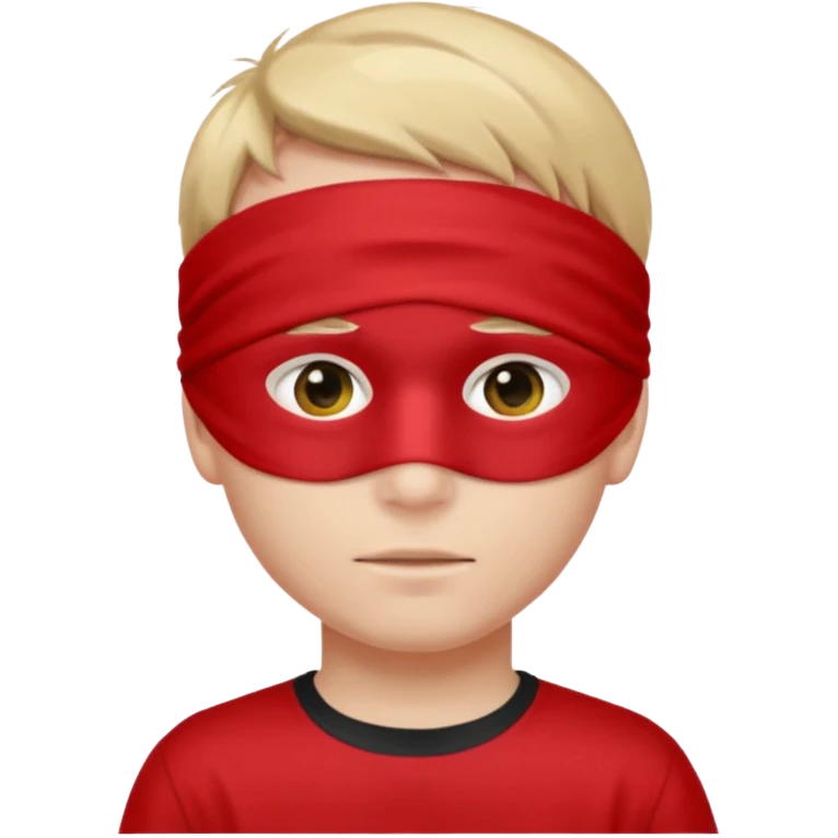 boy wearing red cloth over only eyes boy wears black t-shirt emoji