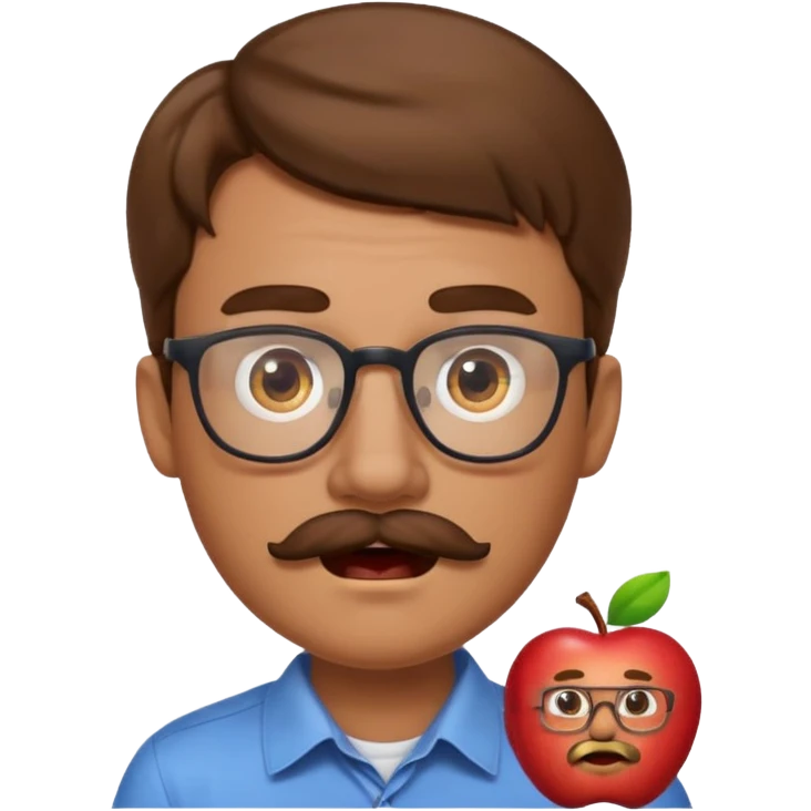 2D apple emoji style man with light skin, brown hair, mustache, glasses, surprised expression emoji
