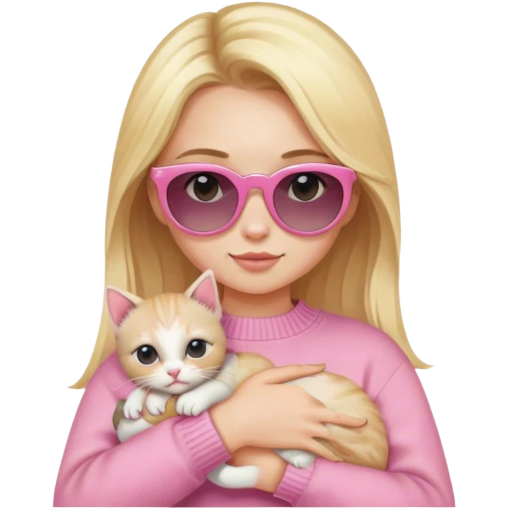 A girl with blonde hair, sunglasses, a pink jumper and a small kitten in her arms
 emoji