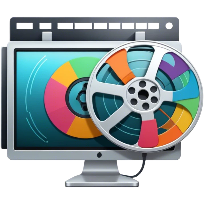 Create a vibrant and modern icon representing Animation and Motion Design, featuring elements like a film reel, a computer screen, and dynamic motion lines. The design should be visually engaging, colorful, and dynamic, without any emojis. The background must be transparent. emoji