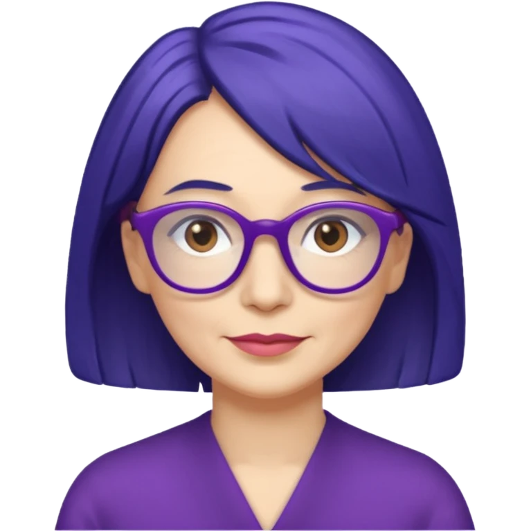 50-year-old woman with purple glasses, brown eyes, and indigo shoulder-length hair emoji