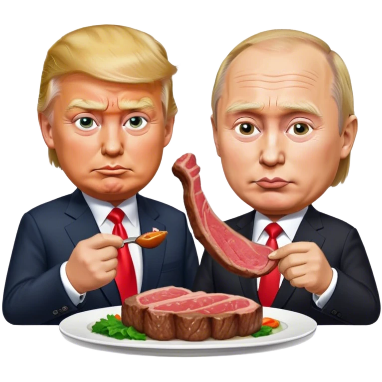 photorealistic Donald Trump and Putin eating a steak shaped like an piece of landemoji emoji