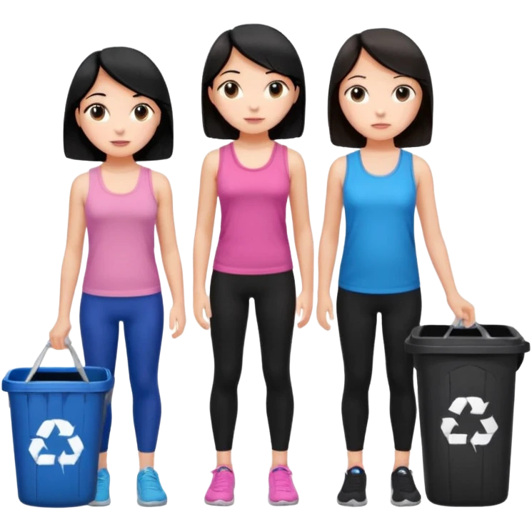 generate a genmoji of a black haired girl in a pink tank top and black leggings holding a black trash bag. Standing with her is a brunette girl in a similar blue tank top and black leggings.
Standing in front of a dustbin emoji