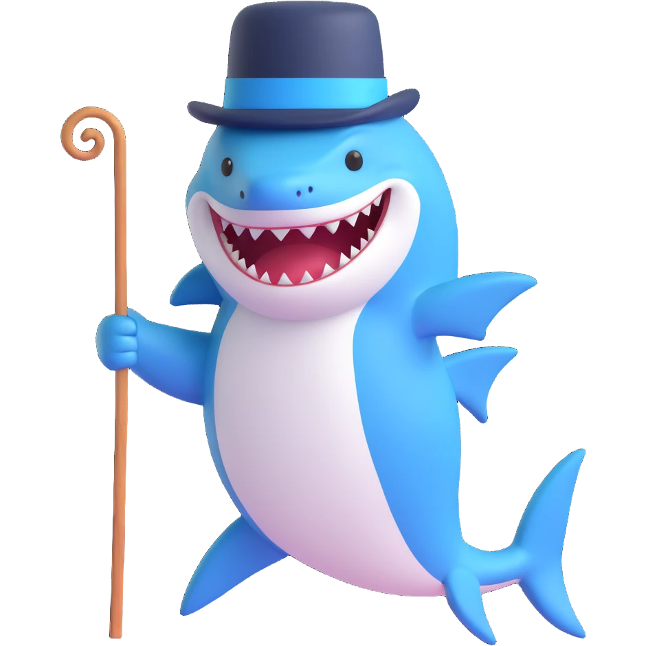 Add a cane to the cute blue shark in a top hat, keep the 3D emoji style, no background. emoji