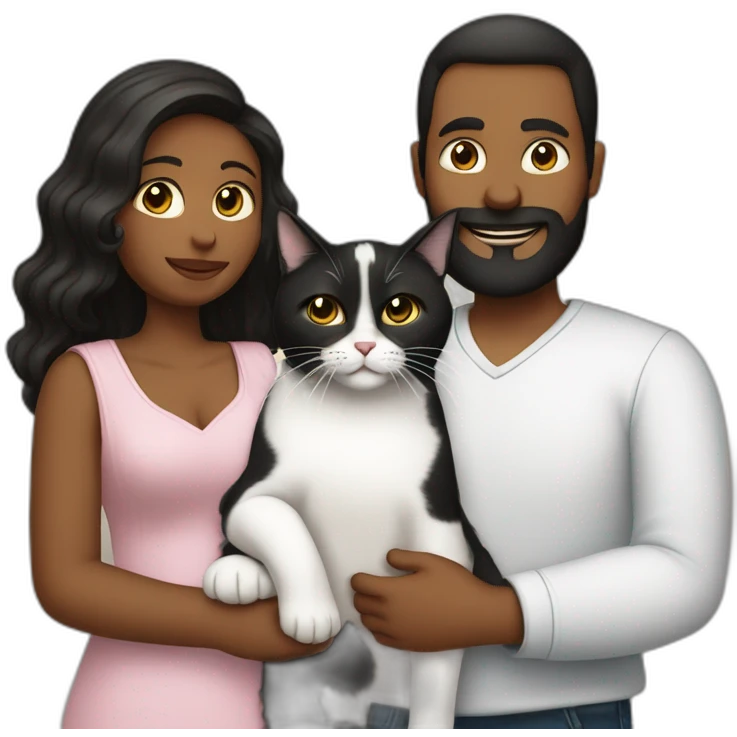 Family photo a fat husband with a beard is holding a white cat and wife with straight hair is holding a black cat emoji