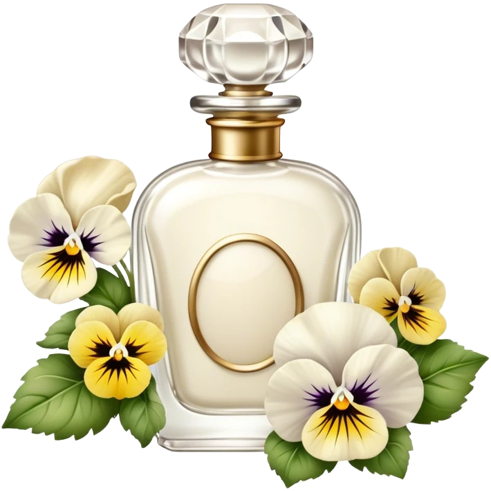 pearl white vintage-style perfume bottle and ivory-colored pansies  emoji