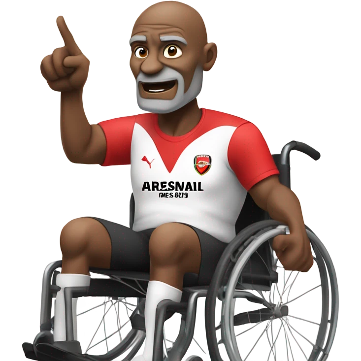 old black bald man with a round belly in wheelchair. angry face. grey stubble. he is pointing finger in front. wearing Arsenal soccer shirt. a speech bubble with the word: "Mojdeh!" emoji
