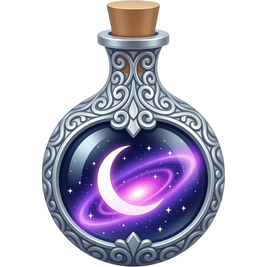 ornate glass vial with silver metallic filigree, swirling cosmic nebula inside, glowing purple‑pink‑blue light, crescent moon and tiny stars suspended in liquid, ethereal magical atmosphere emoji