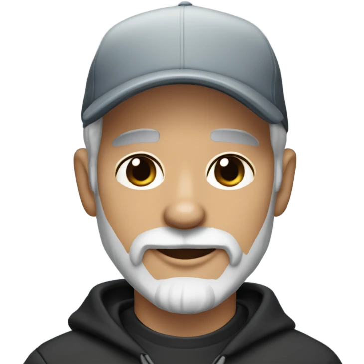 Handsome man with blue eyes wearing ball cap with grey hair and goatee beard holding all black long haired chihuahua emoji