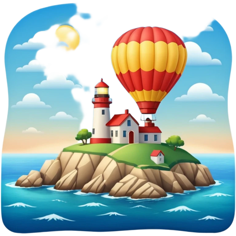Hot air balloon above a scenic ocean with a lighthouse emoji