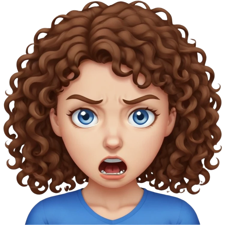girl with brown curly hair and blue eyes choking herself out with an angry expression emoji