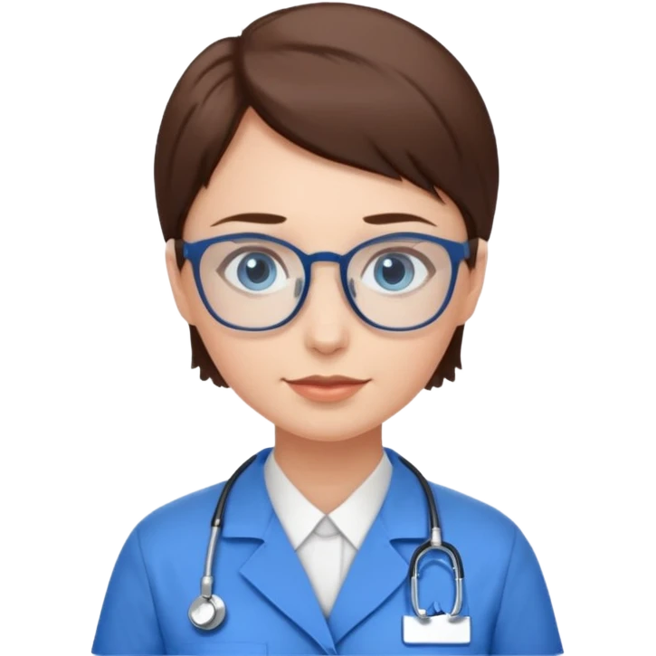 Blue eyes very short brown hair with glasses woman in care assistant blue uniform emoji