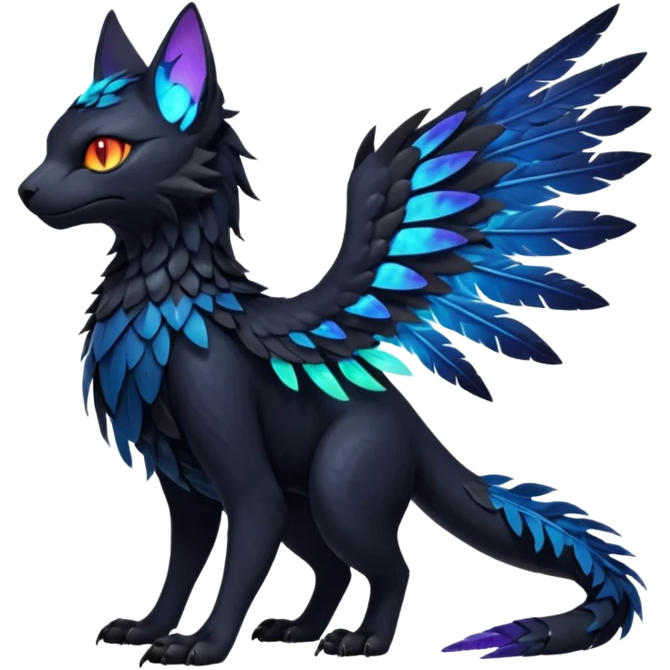 Black Dark Exotic Beaked Feathery Nocturnal Neon-glowing Abyssal Nightly Abyss-Cat-Gryphon-Salandit-Nargacuga-Silvally-Fakémon Creature (full body) emoji
