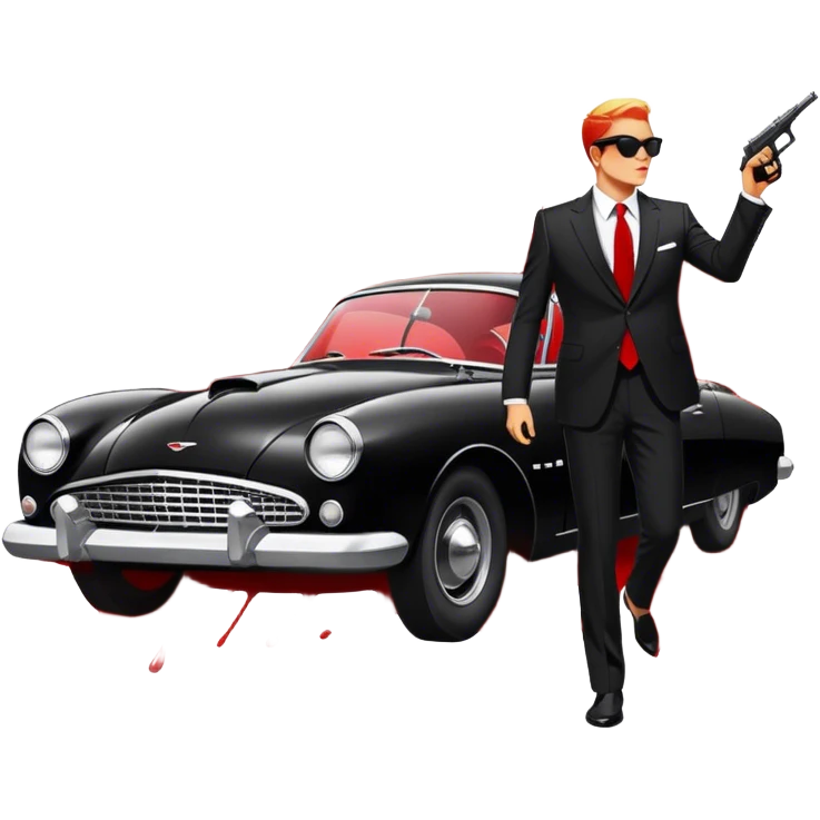 Icon for 'Reservoir Dogs' Movie: Silhouettes of characters in suits with sunglasses, dramatic lighting, a bullet-riddled car, and red splashes symbolizing chaos. Vintage, bold cinematic style with high contrast. Transparent background. emoji