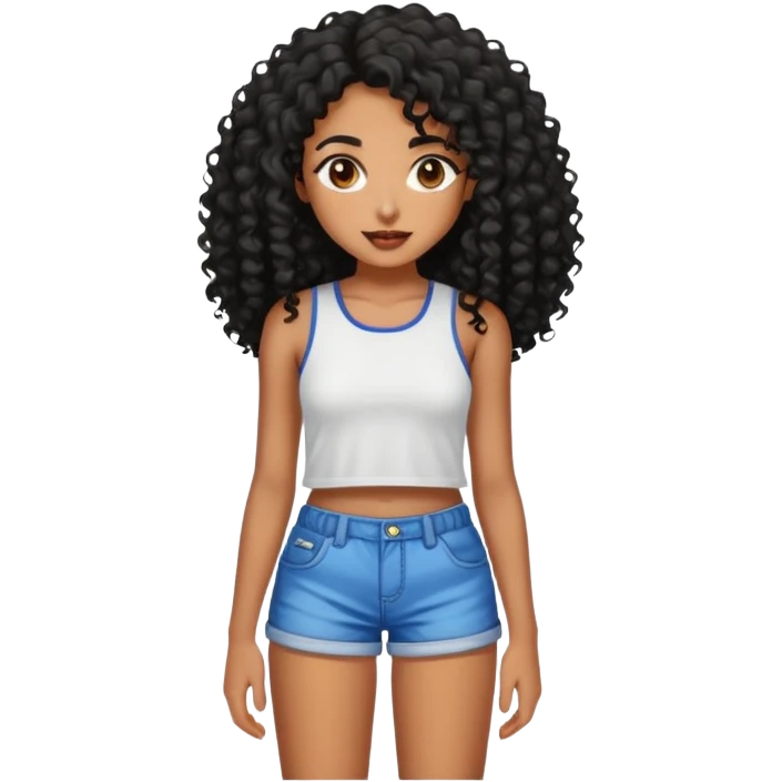 Garota emoji morena, cabelos longos cacheados pretos, short curto e top emoji