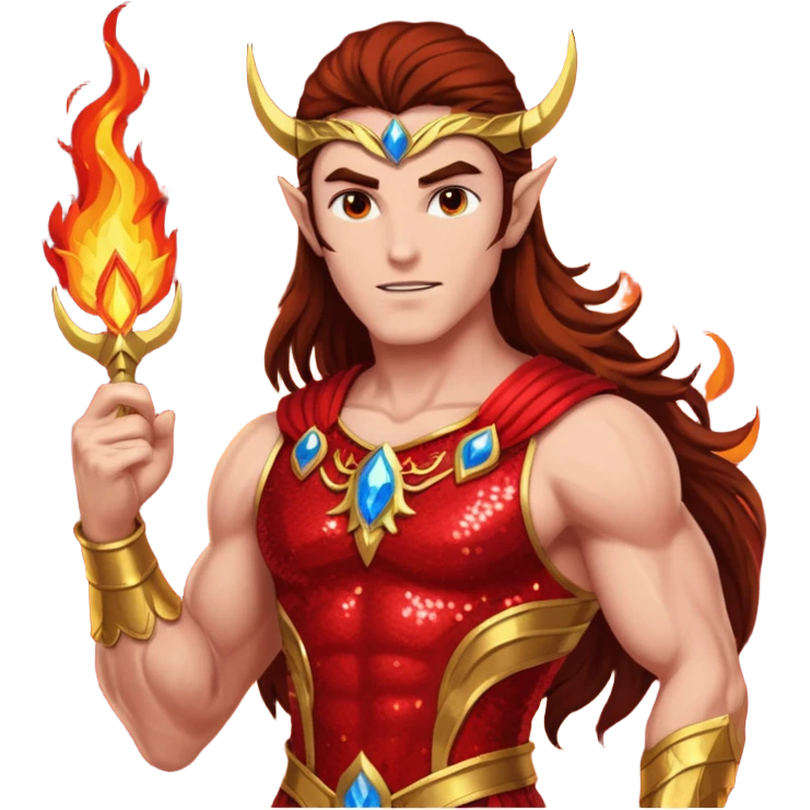 Vulcan, God of Fire from Gods and Goddesses with long brown hair, fiery red sequin outfit emoji