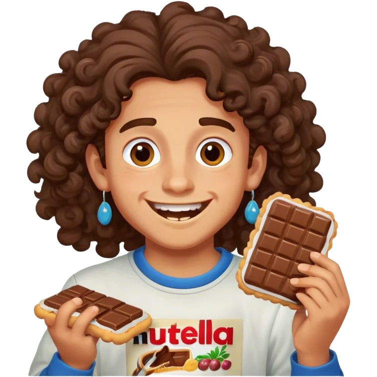 medium skin smiling boy with long curly hair and with earrings eating nutella biscuits ravenously emoji