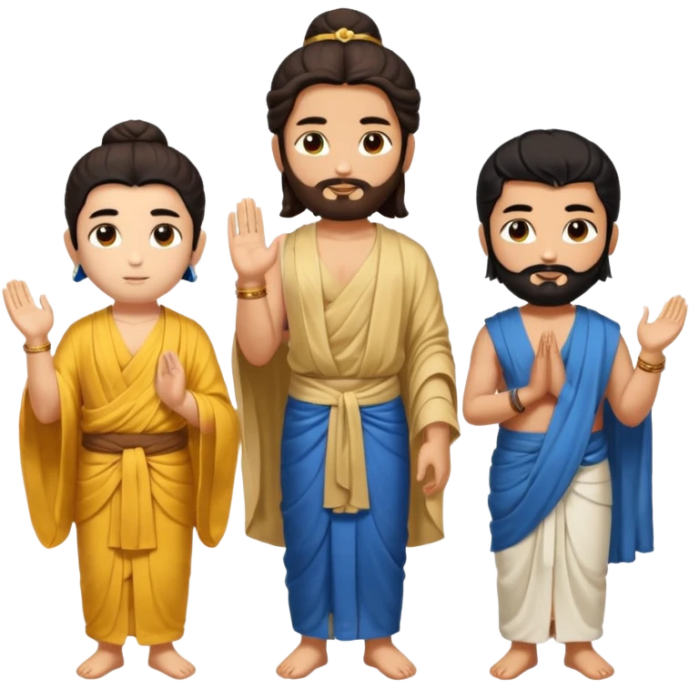 Create a Jesus, Krishna, and Buddha standing together. Buddha: warm golden or light tan skin, dark curled hair with a traditional top bun (ushnisha), half-closed meditative eyes

 emoji