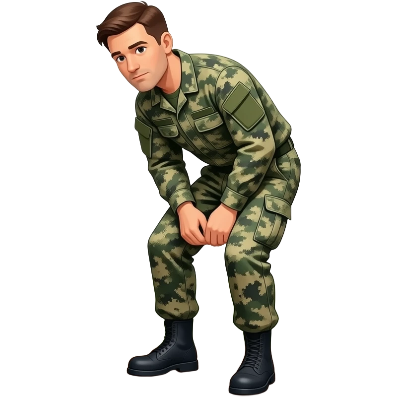 A man in marine camo pooping in the woods with his trousers down to his ankles emoji