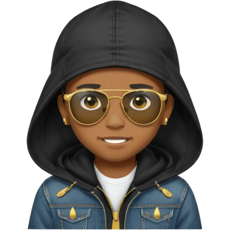 un emoji de un chico emcapuchado, con gorro kalenji, dientes de oro, com uma jaqueta denim tears preta e uns oculos da oakley emoji