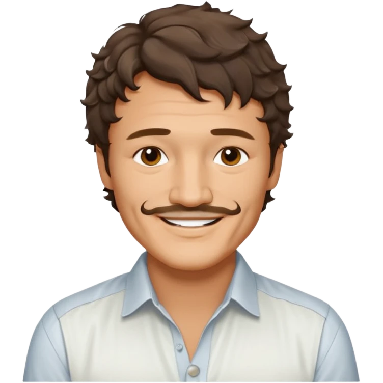 Pedro pascal looking really steamy and sexy smiling in an opened white button down shirt with perfect ringlets short hair emoji