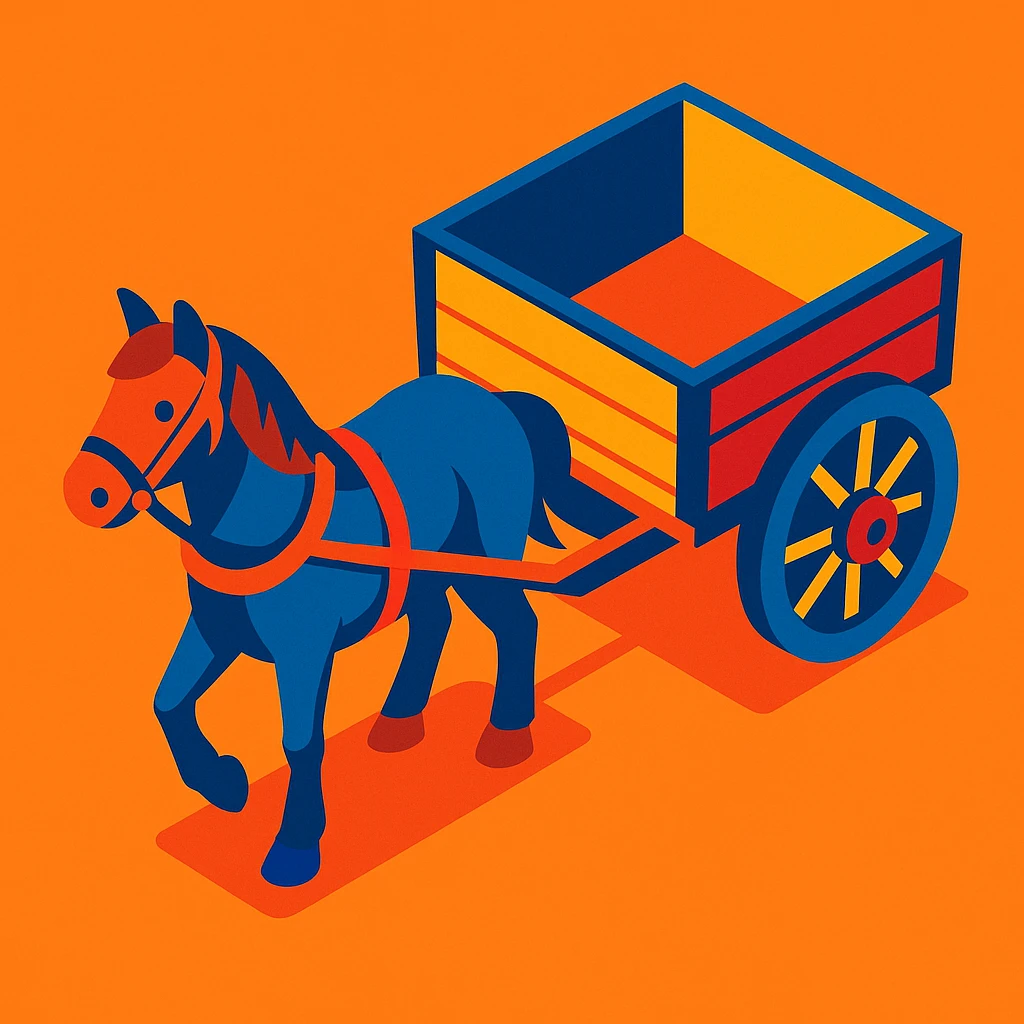isometric horse and cart, bold colors, stylized, cartoonish emoji