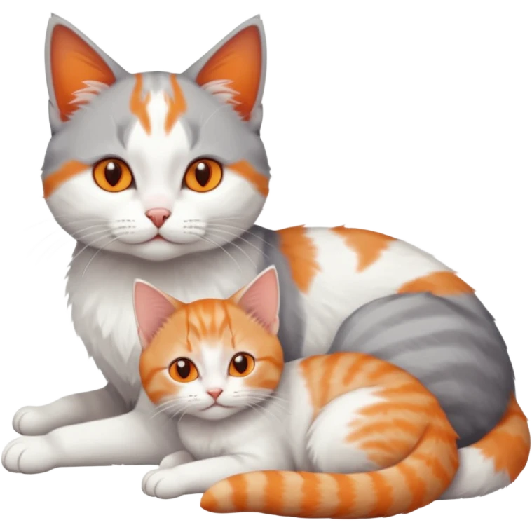 full body of a grey and white cat cuddling a very small + skinny ginger and white kitten with deep orange eyes and triangular shaped face lying down emoji