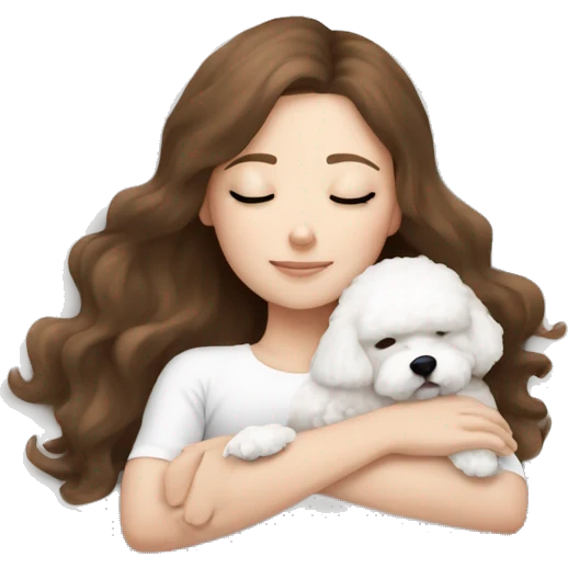 White girl brown hair sleeping with Mini Bichon emoji