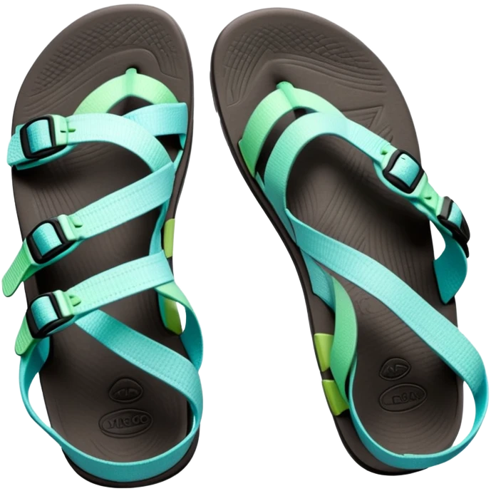 Chaco sandal with toe loop, black footbed, light blue and light green straps emoji